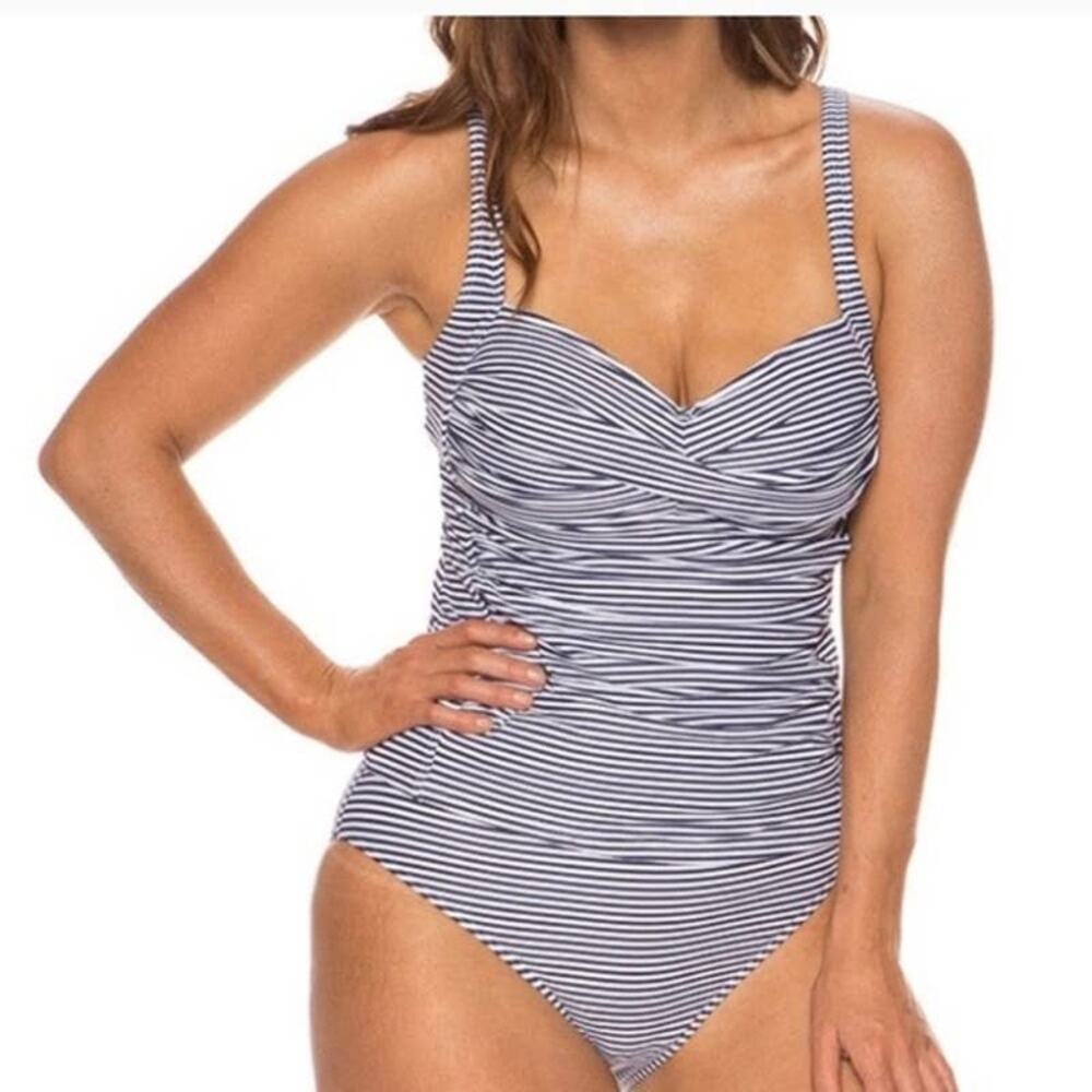 Bond-Eye Australia White Black Striped One Piece Ruched Swimsuit Size 4